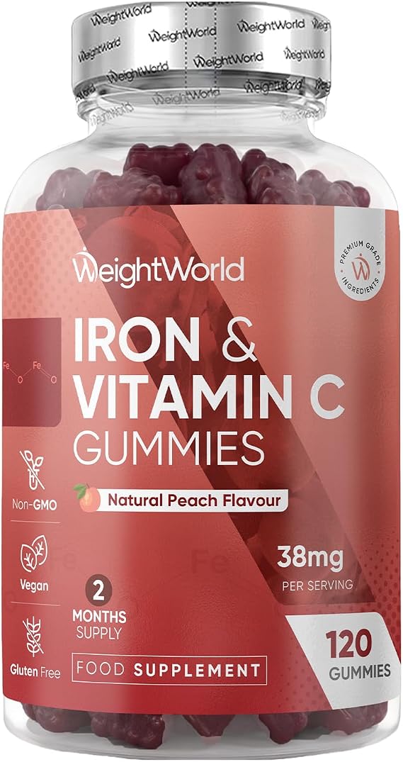 Iron Gummies with Vitamin C - 38mg per Serving - 120 Gummies - 2 Months Supply - Natural Peach Flavour - 2 per Day - Ferrous Fumarate Form - Vegan & Gluten-Free - Iron Supplements for Women & Men