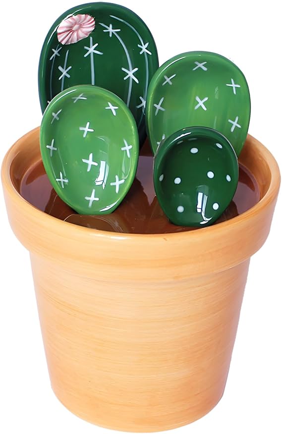 Cactus Measuring Spoons Set, Cute Ceramic Spoons Porcelain Measuring Cups in Pot for Kitchen Cooking Baking