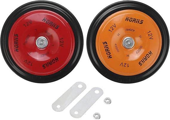 2pcs 110db 電動エアホーン、車、トラック、オートバイ用の超大音量トレインホーン、統合デザインの金属製ラウドスピーカー、12v 車、ボート、船舶に簡単に取り付け オレンジ+赤