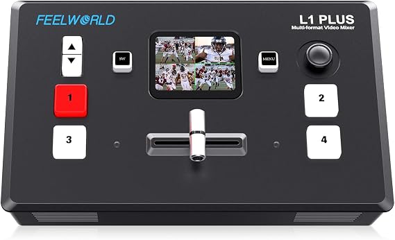 FEELWORLD L1 PLUS Multi Camera Video Mixer Switcher, 5.5 inch LCD Touch Screen PTZ Controller Chroma Key 4 HDMI Inputs USB3.0 Output Format, Real Time Production Live Streaming Built in Cooler