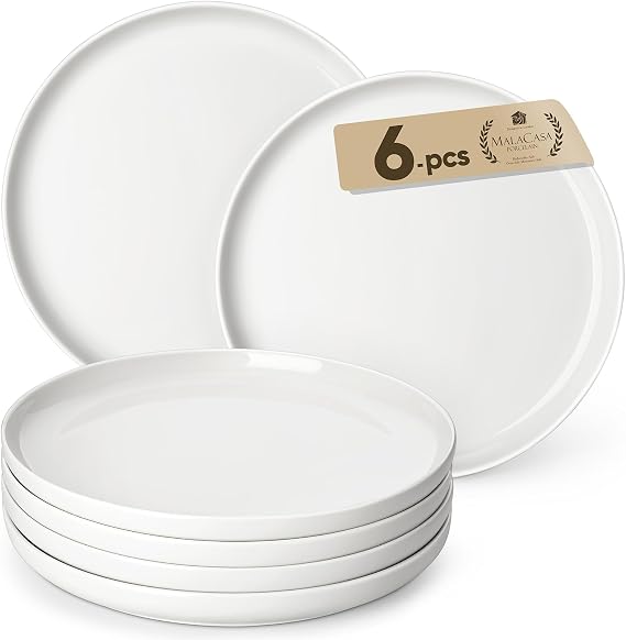 MALACASA 10.25in Ceramic Dinner Plates Set of 6, Ivory White, Straight-Edge