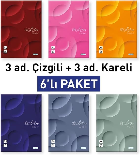 Etika A4 Dikişli Okul Defteri 6'lı PAKET – 3 Çizgili & 3 Kareli