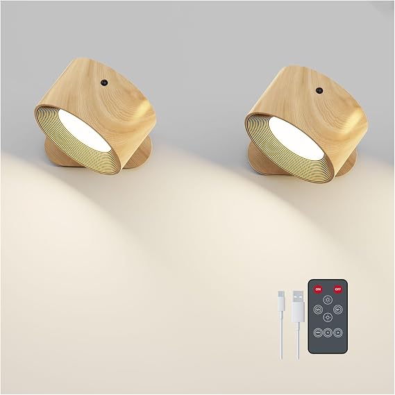 Feallive LED Wall Lights with USB Charging Port 2 Pcs Reading Light, Dimmable Touch Control 3 Brightness Levels Wall Spotlights 360 Free Rotation Bedside Lamp for Bedroom Remote Control Woodgrain [Energy Class G]