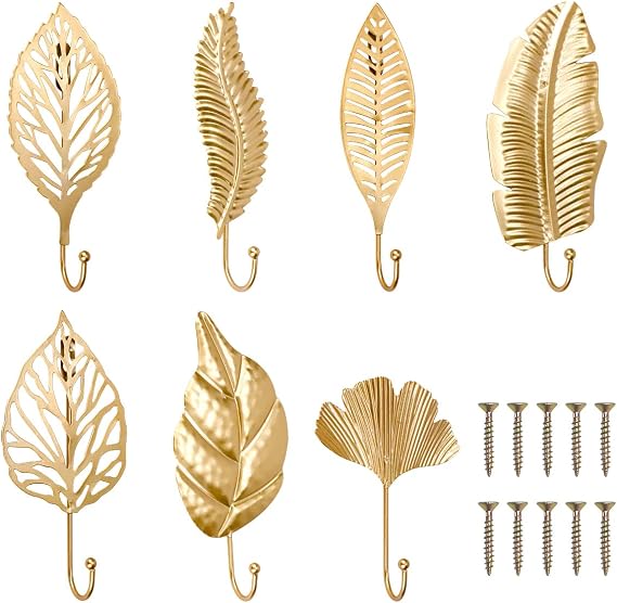 7Pcs Leaves Iron Hooks 7 Style Wall Mounted Metal Coat Hooks Gold