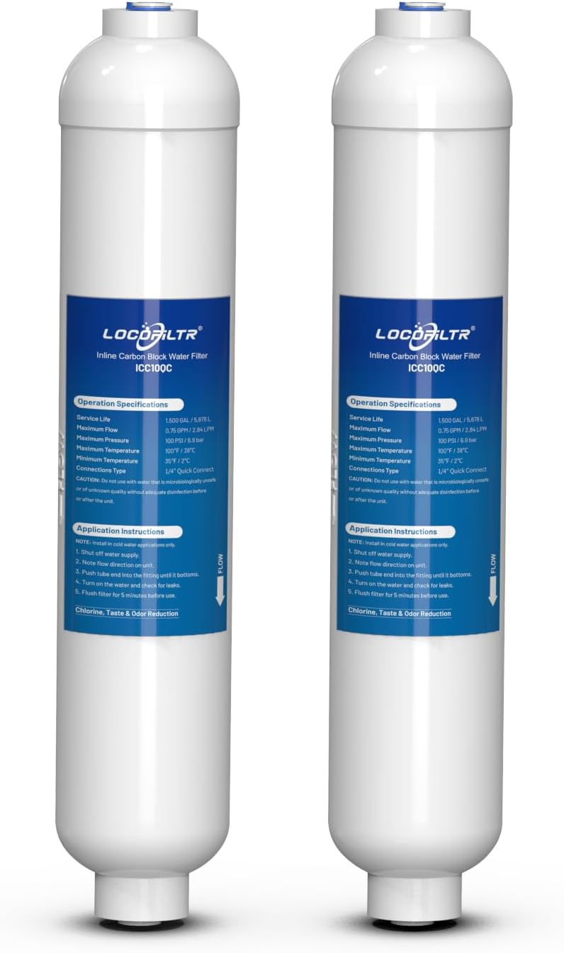 Inline Activated Carbon Block Water Filter with 14" Quick Connect, T33 In Line Water Filter Replacement Cartridge for Icemaker, Post Carbon Filter for RO Reverse Osmosis Water System Pack of 2