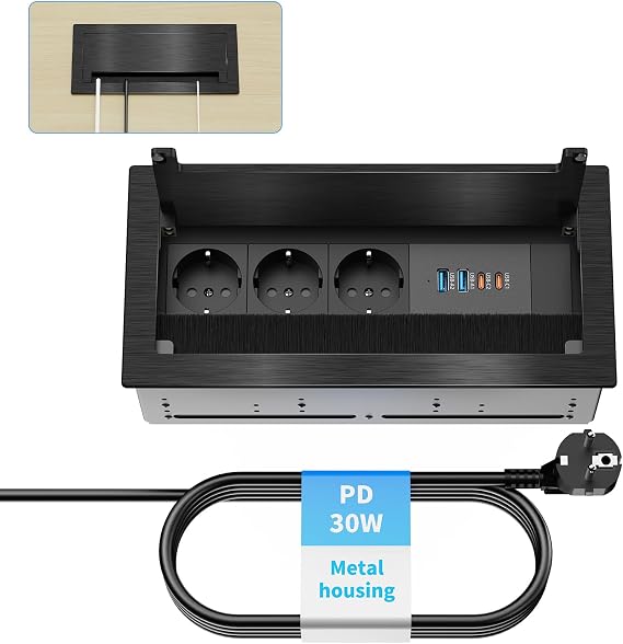 Retractable Socket with 2 x USB-C PD 30 W 3-Way Aluminium