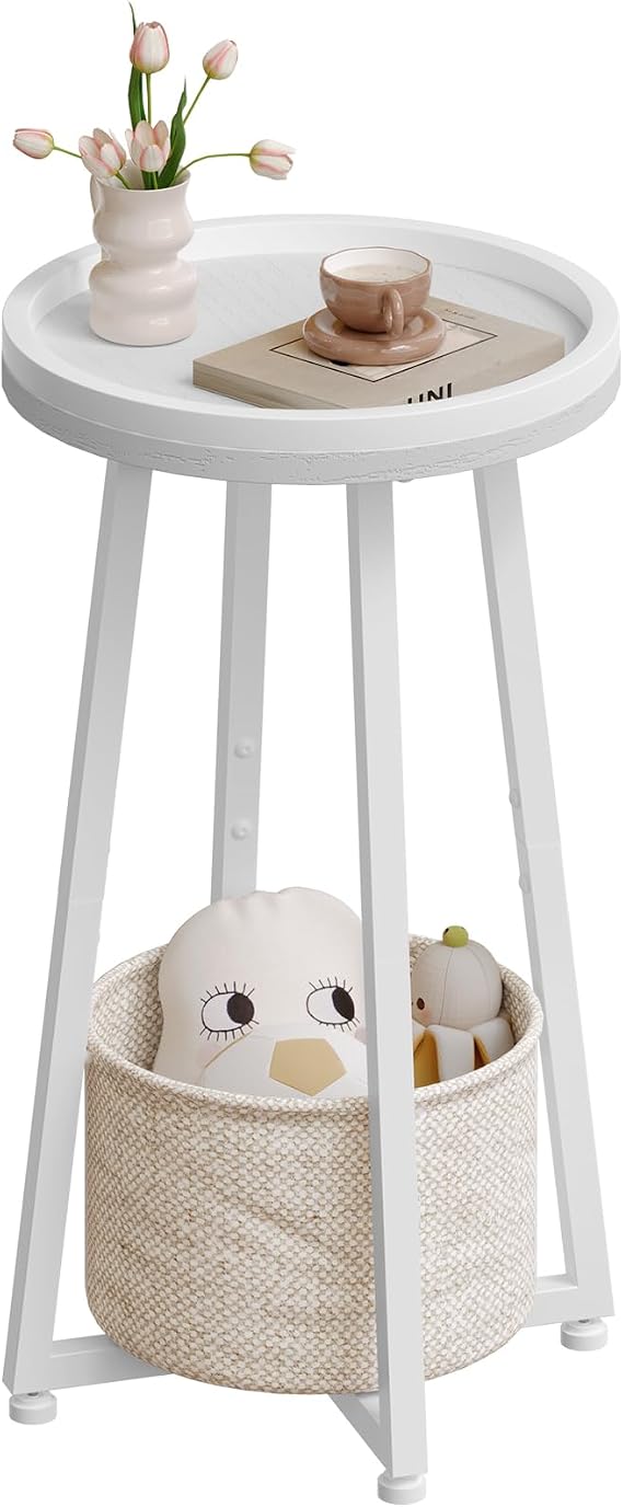 HOOBRO Round Side Table, 2 Tier Sofa Side Table Small Table with Storage Basket, Round Bedside Table, Compact Corner Tables for Small Spaces, Living Room, Bedroom, White EWW183BZ01
