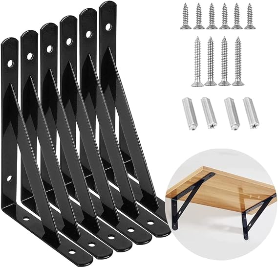 6 Pack Wall Mounted Shelf Brackets, Triangle Shelving Brackets, 6 Inch Heavy Duty Triangle Shelves Brackets, Stainless Steel Shelf Support Angle Decorative Include Screws, No Planks
