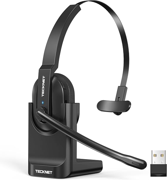 TECKNET Bluetooth Headset, Wireless Headset with Microphone Noise Cancelling & USB A Dongle, 60H Playtime & Mute, On Ear Headphones with Charging Dock for Trucker/Office/Call Center/Computer/Cellphone