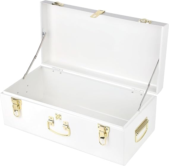 HofferRuffer Metal Storage Trunk with Lockable Lid & Handles, 52.1 × 26.2 × 20.1 cm Heavy Duty Storage Chest for Bedroom, Living Room, Bedding, Blankets and Toys, White