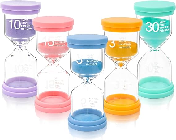 Multi-Color Sand Timer, Visual Time Management Hourglass Set 3/5/10/15/30 Min Sand Clock for Cooking, Games, Classroom & Productivity, Durable Acrylic, Multi-Purpose Design, Pack of 5