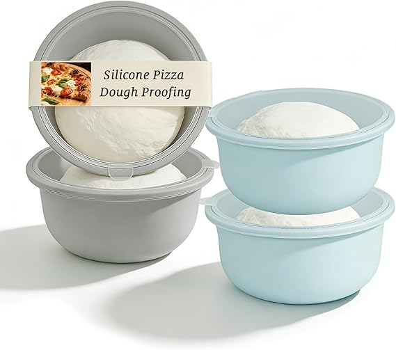 4Pcs Stackable Silicone Pizza Dough Proofing Proving Containers with Lids,Pizza Dough Proofing Box For Home Kitchen 700ml(Grey+Blue)