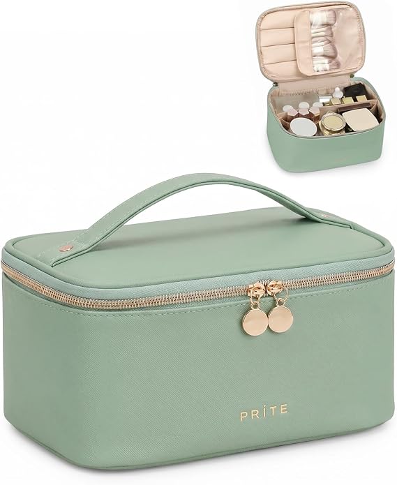 Prite Makeup Bag Toiletry Case for Women with Brush Holder, Green, Standard