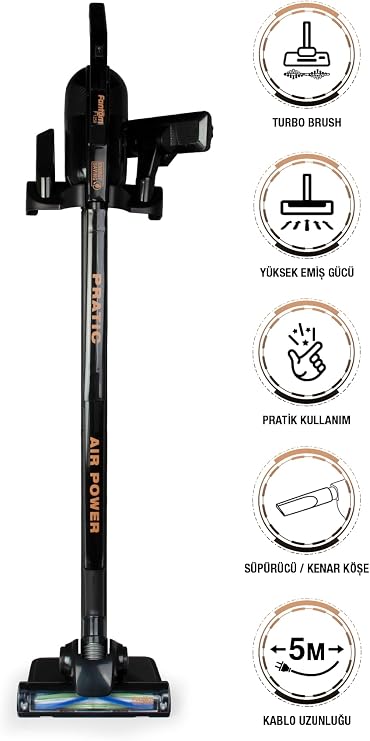 Fantom Pratıc Aır Power P 1250 Siyah Torbasız Dönebilen Turbo Başlıklı Dikey Süpürge