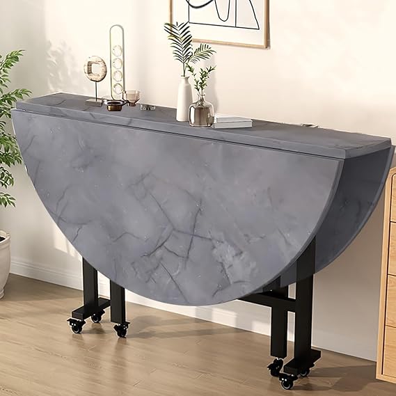 Round Drop Leaf Kitchen Table with 6 Wheels, Versatile Collapsible Extension Dinner Kitchen Office Desk Table, Space Saving(Gray,120x72x26cm)