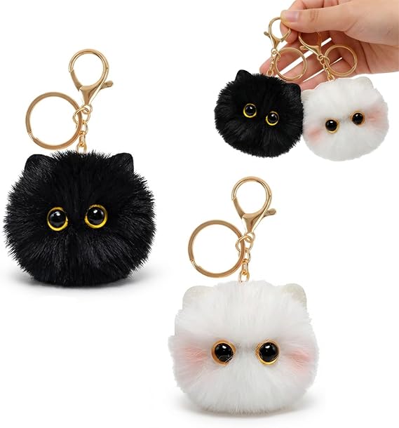 2 Pcs Cat Keyring,Plush Keyrings Cat-Shape Pom Pom Plush Cute Girl Keychain