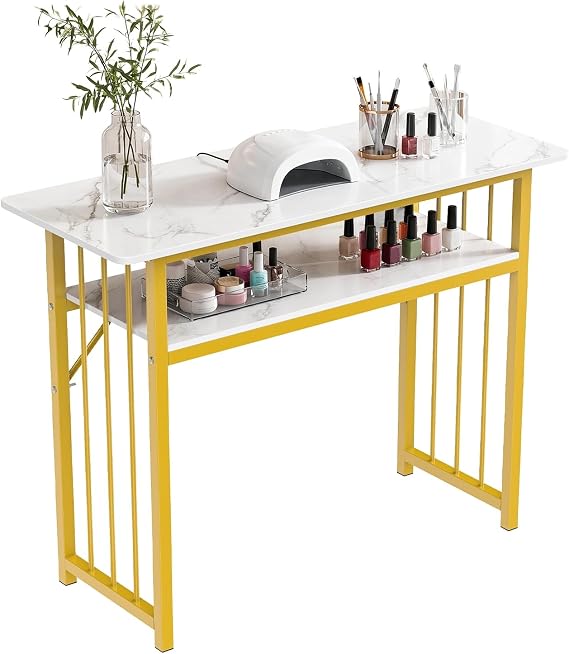 Manicure Table for Nail Tech, Professional Beauty Salon Desk with Storage Shelf, Modern Marble Texture Surface & Sturdy Gold Metal Frame, 80-120cm Aesthetic Workstation 100 cm