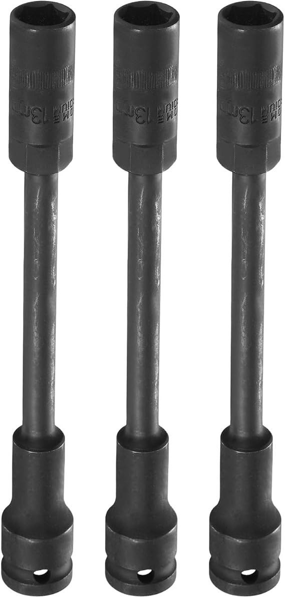 sourcing map 3Pcs Deep Thin Wall 6 Point Impact Socket 1/2" Drive 13mm Socket 8" Extra Long Metric CR-V Steel Spindle Axle Hex Sockets for Machine Shaft Nuts Bolts Repair, Black