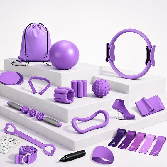 Pilates Premium Full Set 23 pcs Pilates Equipment with Wrist Weights Pilates Essential Kit Yoga Kit Pilates Ring Mini Yoga Ball Resistance Bands Core Sliders Gift for Women