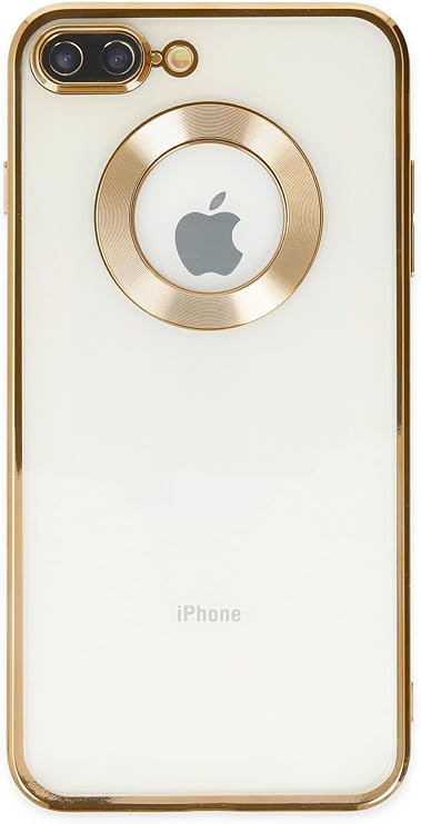 KZY İletişim Apple iPhone 8 Plus ile Uyumlu ile uyumlu Kapak Yanları Renkli Lens Korumalı Logo Gösteren Şeffaf Luxury Kılıf - Gold
