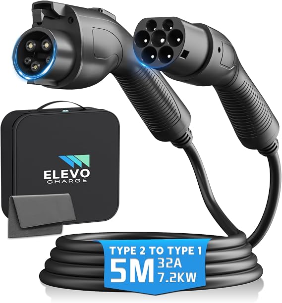 Type 2 to Type 1 EV Charging Cable, 7.2KW/32A Type 2 (IEC-62196) Male to Type 1 (SAE J1772) Female EV Charging Cable, Electric Vehicle Charger Converter for J1772 Cars, 5 Metre