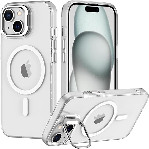Nvollnoe iPhone 15用 ケース MagSafe対応 ミリタリーグレード 耐衝撃 高耐久 保護 調節可能 キックスタンド マット セミクリア 携帯電話ケース iPhone 15用 クリア