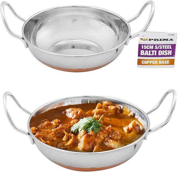 15cm Balti Dish - Karahi, Metal Curry Serving Plate, Stainless Steel, Copper Base | Traditional Serving Dish | Suitable For Home, Kitchen & Restaraunts, Serving Karahi, Indian Curry (1)