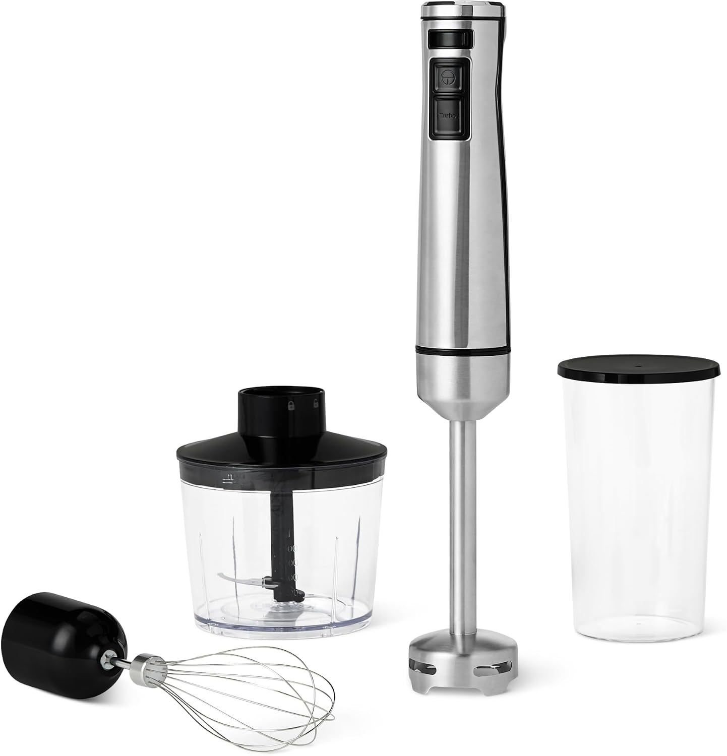 Amazon Basics 1000 Watt Multi-Speed Immersion Hand Blender with Attachments, Corded, Silver