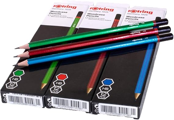 36 x rOtring Professional Woodcase HB Pencils For Writing, Drawing & Sketching, Red, Green and Blue Barrel - (12 of each Colour)