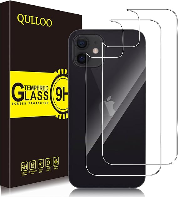 QULLOO Back Screen Protector Compatible with iPhone 12, [Bubble Free] [9H Hardness] Tempered Glass Back Film for iPhone 12 6.1" - [2 Pack]