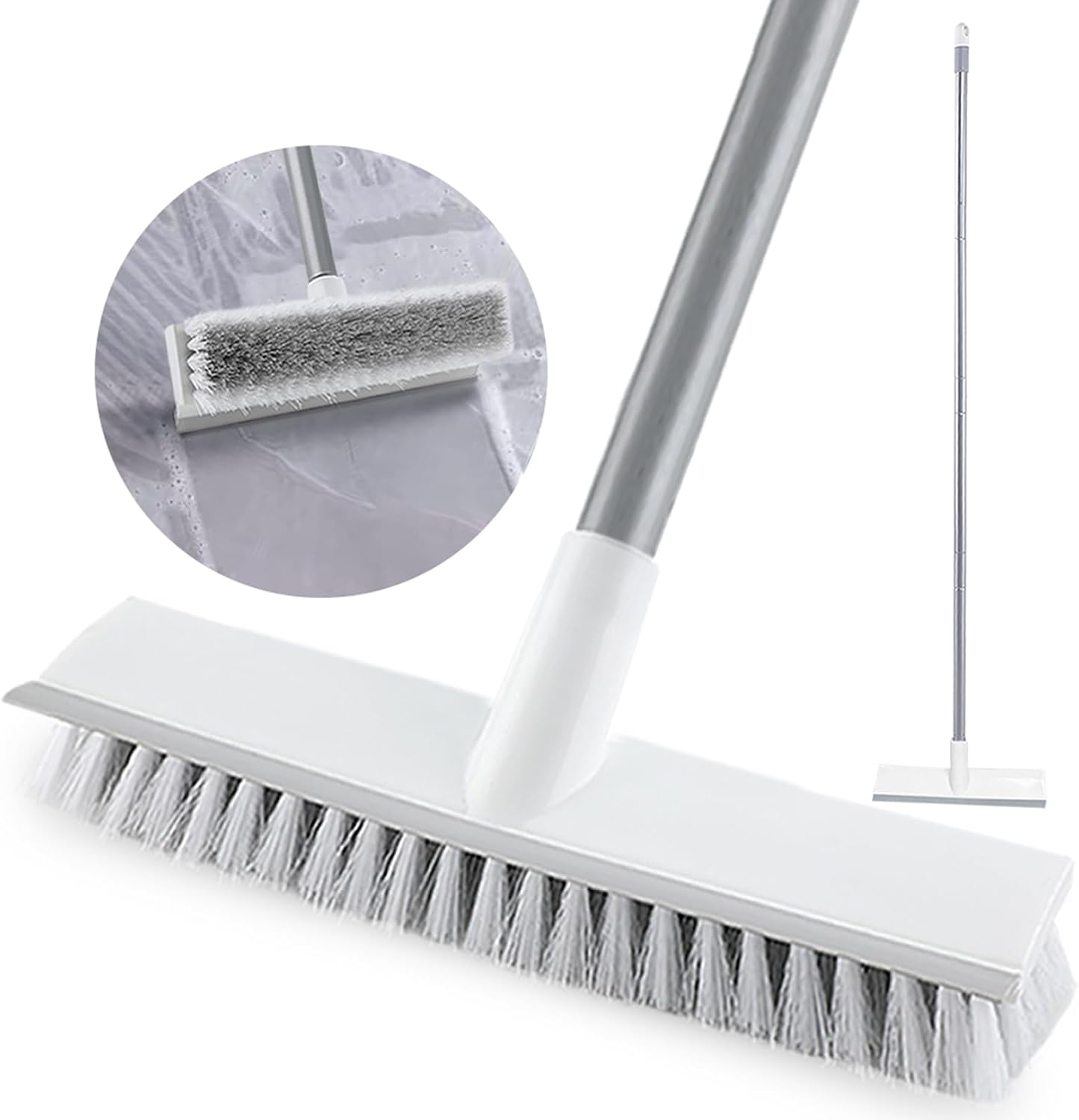 Long Handle Floor Brushing Brush 54- Hard Bristle 2 in 1 Shower Cleaner Wiper Kitchen, Wall, Tiles, Mortar, Bathtub and Carpet, Brush Vacuum Cleaner Scrub Garage, Patio Deck