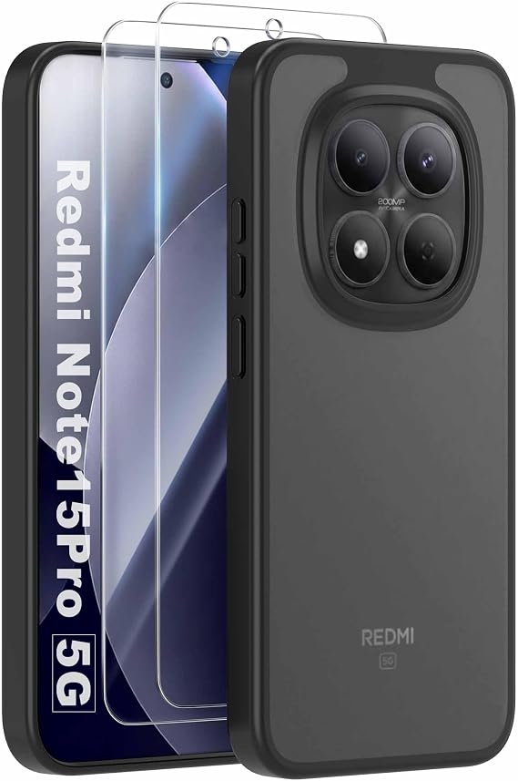 Compatible with Xiaomi Redmi Note 15 Pro 5G Case with 2 Tempered Glass,Scratch-Resistant Matte Translucent Cover with Full Camera Protection - Black