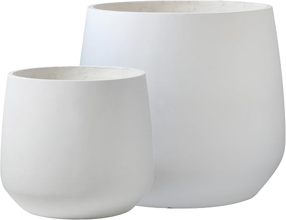 Olly & Rose Set of 2 Extra Large Fibrestone Planters Curved - Indoor and Outdoor Plant Pots XL - White 55cm and 43cm Diameter