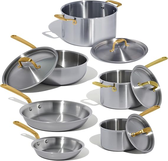 Made In Cookware - 10 Piece Stainless Steel Pot and Pan Set (Antique Brass Handle) - 5 Ply Clad - Includes Stainless Steel Frying Pans, Saucepans, Saucier and Stock Pot W/Lid - Crafted in Italy