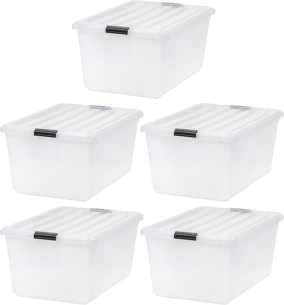 IRIS USA 68 Quart / 17 Gal. Stackable Plastic Storage Bins with Lids and Latch Buckles, 5 Pack - Pearl, Large Containers for Home and Office Ultra Organization, Durable Nestable Tote Box Tub