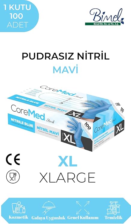 Mavi Nitril Eldiven - Tek Kullanımlık, Pudrasız, Çok Amaçlı, 100'lü Kutu - Dayanıklı ve Esnek