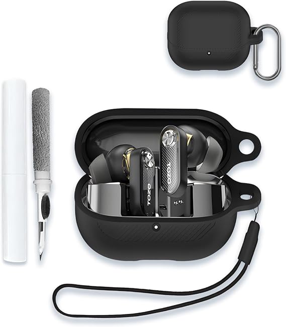 Tozo クリスタルポッド用ケースイヤホン商品番号:t11147、ソフトシリコン保護ポータブルスクラッチ耐衝撃シェル、クリーナーキット&カラビナ&ストラップ付き Tozo クリスタルポッド用、ブラック