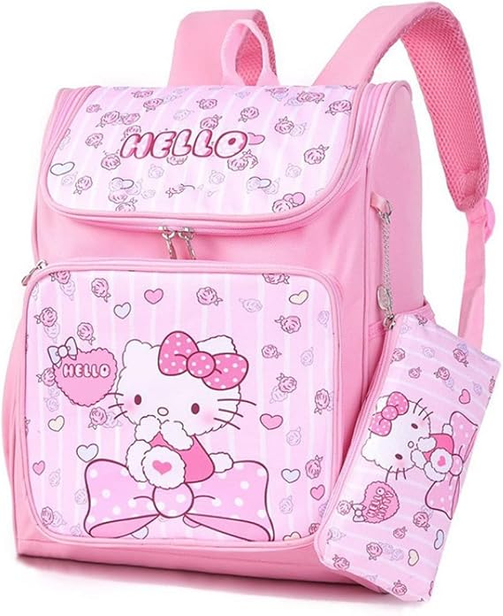 Roffatide Anime Kitty Backpack for Primary Students Teens Girls Splash-proof Daypack with Pencil case for Back to School Pink