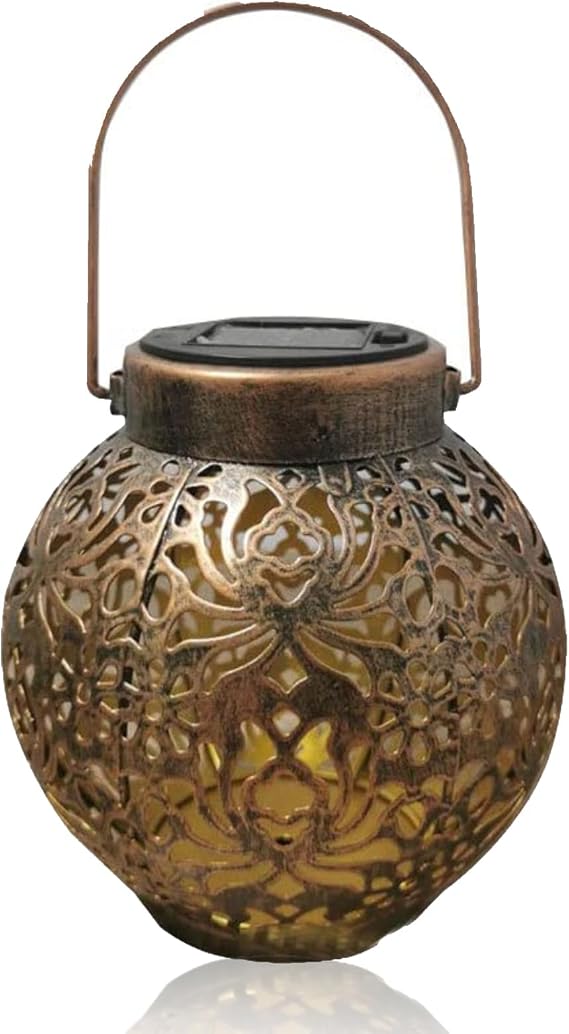 1 Pcs Outdoor Solar Hanging Light,Iron Hollow Solar Retro Hanging with Handle,Decorative Retro Metal Lamp Hanging Garden Lights for Garden Yard Patio Decor (Bronze) [Energy Class A]