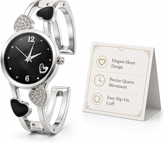 Hemobllo Ladies Silver Bangle Watch-Rhinestone Heart-Shaped Bracelet Watches for Women, Fashionable Silver Cuff Quartz Wrist Watches, Elegant Ladies Bracelet Watch for Women & Girls