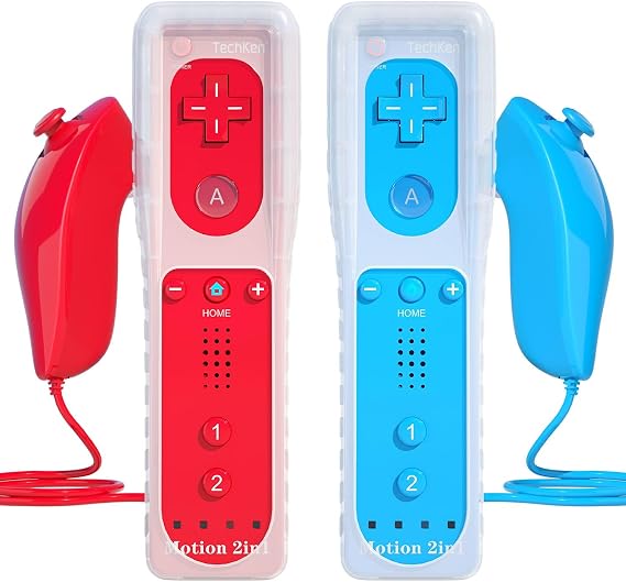 TechKen Wii Remote Controller And Nunchuk With Wii Remote Control Joystick,Game Control With Silicone Case Wrist Strap Blue and Red