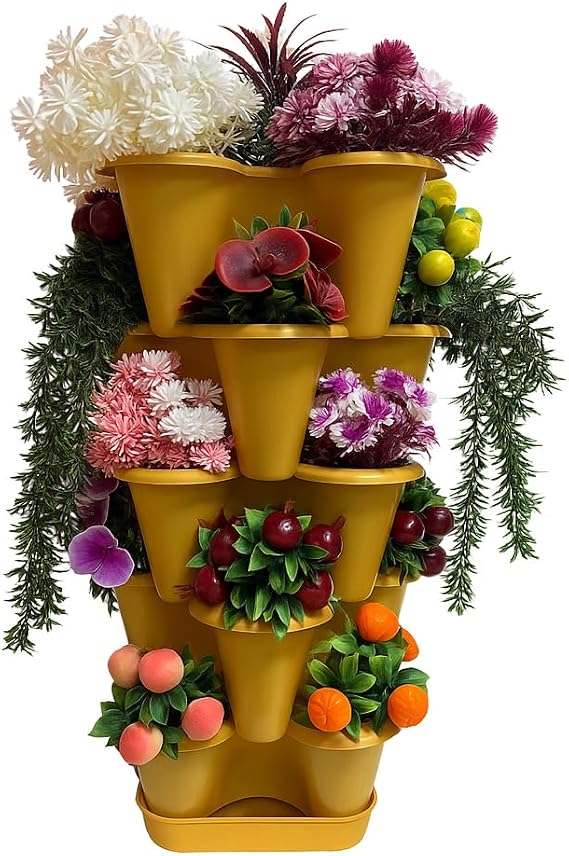 5 Tiers Lucky Clover Tower Flower Pot Set Flower Plant Vegetable Fruit Living Room Kitchen Bathroom Garden Flower Pot Set (Gold)