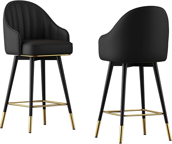 Swivel Barstools 2 Piece Set with Back Support, PU Leather Kitchen Counter Height Stools for Pub Bistro, Sitting Height 65cm/75cm (Black High:65CM)