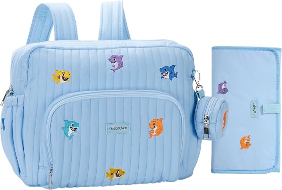 GOBABYMART Diaper Bag Backpack with Changing Pad - Travel Baby Bag, Insulated Bottle Pockets, Stroller Straps (Medium - Blue Sharks)