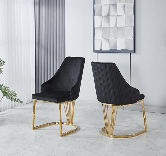 Modernique Velvet Upholstered Dining Chairs with Gold Metal Legs, Set of 2, Black Grey and Cream (Black)