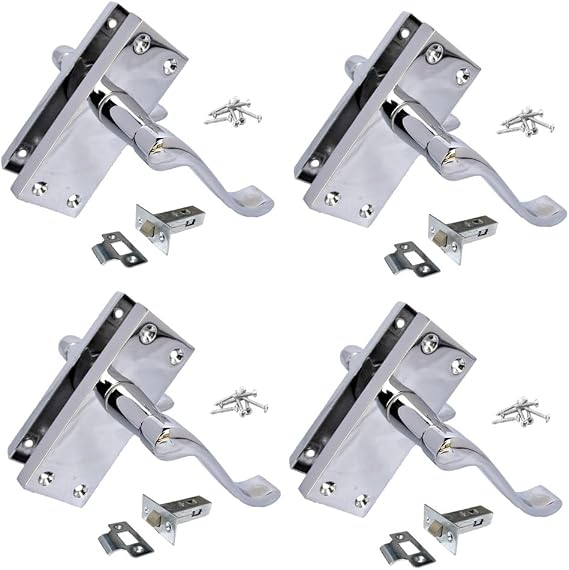 Victorian Scroll Lever Handle on Backplate – 118mm x 42mm Plate, 120mm Lever – Polished Chrome Door Handle – Pack of 4 – with 63mm Tubular Latch