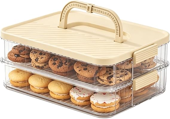 Cracker Storage Container 2 Tier, Biscuit Tins Large Biscuit Container, Cookie Storage Container with Date Handle, Dumpling Storage Box, Biscuit Barrel for Fridge Freezer