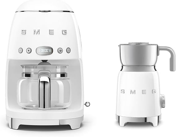Smeg EEJB299 Retro Kitchen Set, 1.4L Drip Coffee Machine and Induction Milk Frother, DCF02WHUK + MFF11WHUK, White