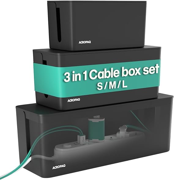 ACROPAQ Cable Box - 3-in-1 Set, Small (23.5 x 12 x 11.5 cm), Medium (32 x 13.2 x 12.7 cm), Large (40.6 x 15.6 x 13.4 cm), Plastic, Black - Cable Management Box, Organizer
