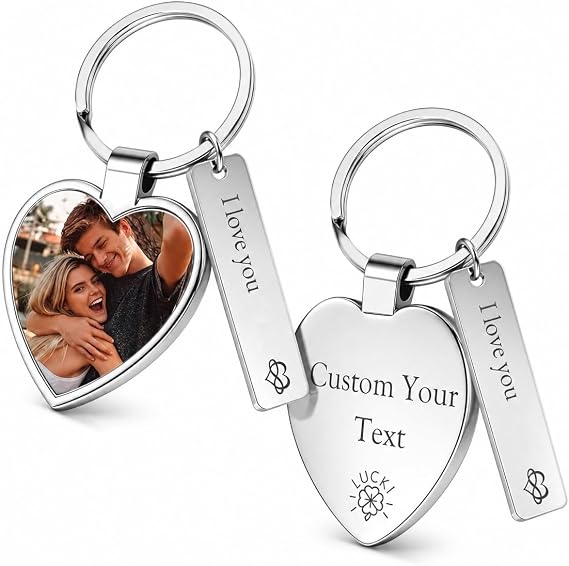 Personalised Photo Keyring Custom Heart Bar Keychain Set Double Side Gift